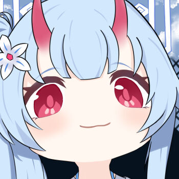 1girl absurdres blue_archive blue_eyes chibi chise_(blue_archive) chise_(swimsuit)_(blue_archive) commentary_request demon_horns flower hair_flower hair_ornament highres horns kunjuan_shala looking_at_viewer meme mutsuki_face_(blue_archive) official_alternate_costume portrait red_eyes skin-covered_horns solo
