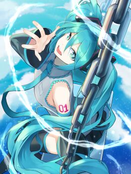 Rule 34 | 1girl, absurdres, aqua eyes, aqua hair, aqua necktie, aqua trim, arm tattoo, bare shoulders, black skirt, black sleeves, blush, breasts, chokobako, commentary request, detached sleeves, grey shirt, hair between eyes, hair ornament, hatsune miku, headset, highres, long hair, long sleeves, looking at viewer, medium breasts, miniskirt, necktie, number tattoo, open mouth, outdoors, pleated skirt, shirt, skirt, smile, solo, tattoo, twintails, very long hair, vocaloid, wide sleeves