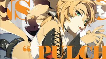 1girl absurdres animal_ear_fluff animal_ears animal_nose bare_shoulders belt black_belt black_sleeves blonde_hair blue_shorts body_fur breasts cat_girl choker claws crop_top denim detached_sleeves furry furry_female green_eyes hands_up highres long_hair looking_at_viewer mindscape_cinema_(zenless_zone_zero) multicolored_fur official_art orange_fur own_hands_together ponytail pouch pulchra_fellini shirt shorts sidelocks sleeveless sleeveless_shirt snout solo spikes tail tail_raised text_background tiger_ears tiger_girl tiger_tail tongue tongue_out white_fur white_shirt yellow_fur zenless_zone_zero