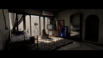 air_conditioner apartment bean_bag_chair bed cable camera crt curtains day dial_television highres indoors mirror no_humans non-web_source radio reflection rug scenery seraphim_slum static tile_floor tiles vinyl_record