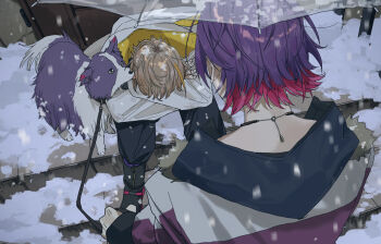 Rule 34 | 2boys, blonde hair, colored inner hair, crossed arms, dog, fur-trimmed jacket, fur trim, fura kanato, holding, holding umbrella, jacket, male focus, matsuhago, multicolored hair, multiple boys, murasakinoko (watarai hibari), nijisanji, purple hair, short hair, sitting, sitting on stairs, snow, snowing, stairs, transparent, transparent umbrella, umbrella, virtual youtuber, watarai hibari