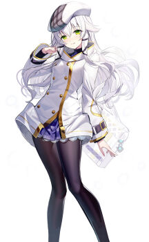 Rule 34 | 1girl, altina orion, bag, beret, black pantyhose, breasts, closed mouth, commentary request, dress, eiyuu densetsu, feet out of frame, green eyes, hair between eyes, hand up, hat, highres, knees together feet apart, long sleeves, looking at viewer, medium breasts, pantyhose, plaid hat, ririko (zhuoyandesailaer), sen no kiseki, sen no kiseki (series), sen no kiseki ii, simple background, smile, solo, standing, white background, white dress, white hair, white hat