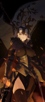 1girl ahoge armor armored_dress black_dress black_thighhighs breasts capelet commentary cowboy_shot dress evil_smile fate/grand_order fate_(series) fur_trim grey_hair headpiece highres holding holding_sword holding_weapon impossible_clothes impossible_dress jeanne_d'arc_alter_(avenger)_(fate) jeanne_d'arc_alter_(avenger)_(first_ascension)_(fate) jeanne_d'arc_alter_(fate) la_grondement_du_haine large_breasts looking_at_viewer naig_(naiji) pelvic_curtain plackart purple_capelet short_hair smile solo standard_bearer sword thighhighs weapon yellow_eyes