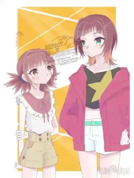 2girls digimon digimon_beatbreak digimon_xros_wars hair_ornament hairclip hinomoto_akari hnwxzlrcuflr9wz jacket long_hair multiple_girls orange_eyes red_hair sakuya_reina short_hair star_(symbol) twintails