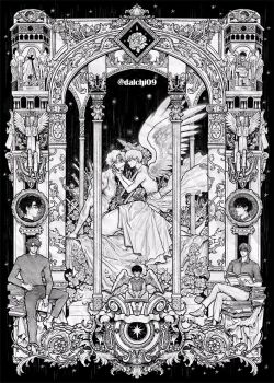 2boys absurdly_detailed_composition angel between_legs book column commentary crossed_legs dalchi09 elbow_rest english_commentary feathered_wings from_side full_body halo hand_between_legs hand_on_another's_face hand_on_own_hip holding holding_book kim_dokja looking_at_another male_focus multiple_boys multiple_views muscular muscular_male oldest_dream omniscient_reader's_viewpoint open_book pillar sitting smile statue toga topless_male wings yoo_joonghyuk