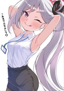 1girl akanehiiro armpit_crease armpits black_flower black_pantyhose black_scrunchie blue_archive commentary_request flower grey_hair hair_flower hair_ornament halo highres lanyard mesugaki mutsuki_(blue_archive) office_lady pantyhose pencil_skirt pointy_ears problem_solver_68_(blue_archive) purple_eyes red_halo scrunchie side_ponytail skirt sleeveless tongue tongue_out translation_request