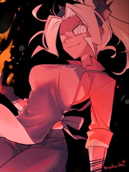 1girl absurdres apron black_background black_horns black_pants breasts collared_shirt cowboy_shot dark-skinned_female dark_skin demon_girl demon_horns demon_tail grey_hair hand_up helltaker highres horns judgement_(helltaker) large_breasts long_hair long_sleeves looking_at_viewer noah_(tettsui-sole) pants ponytail red_shirt shirt smile solo tail twitter_username white_eyes white_hair