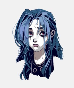 1girl arcane:_league_of_legends arcane_jinx black_eyeshadow blue_hair closed_mouth eyeshadow frown jinx_(league_of_legends) korean_commentary league_of_legends looking_at_viewer makeup messy_hair pale_skin portrait purple_eyes runny_makeup simple_background solo tomatoevsky white_background
