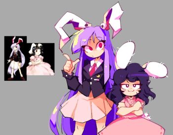Rule 34 | 2girls, animal ears, black hair, carrot necklace, crescent, crescent pin, crossed arms, dress, grey background, height difference, inaba tewi, jacket, jewelry, long hair, multiple girls, necklace, photo-referenced, pink dress, pink skirt, purple hair, rabbit ears, rabbit girl, rabbit tail, red eyes, reisen udongein inaba, short hair, sir koi, skirt, suit jacket, tail, touhou