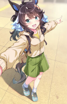 1girl ahoge animal_ears backpack bag blue_eyes blush breasts brown_hair commentary_request daring_tact_(umamusume) green_shorts hair_between_eyes hair_ornament highres holding holding_stuffed_toy hood hood_down hooded_jacket horse_ears horse_girl horse_tail jacket long_hair looking_at_viewer medium_hair neck_pillow open_mouth shinohara_shinome shirt shoes shorts smile socks solo star_(symbol) star_hair_ornament stuffed_animal stuffed_toy tail textless_version umamusume white_socks yellow_shirt