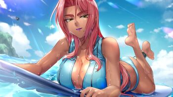 1girl action_taimanin ass bare_shoulders barefoot blue_sky breasts cleavage cliff cloud cursor eyes_visible_through_hair game_cg highres ingrid_(taimanin_asagi) kagami_hirotaka large_breasts legs_up lilith-soft looking_at_viewer lying mole mole_under_mouth mouse_cursor ocean pink_hair purple_lips shiny_skin sky surfboard swimsuit taimanin_(series) thick_eyebrows water wet yellow_eyes