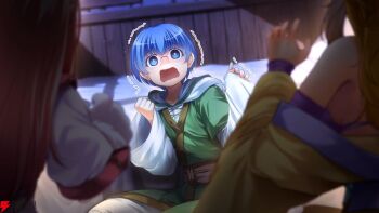 Rule 34 | 2girls, animal hands, atelier-moo, bare shoulders, bikini, blue eyes, blue hair, blurry, bob cut, breasts, brown hair, brown sash, christpher cross, clenched hand, empty eyes, facing away, glasses, gloves, green robe, hair between eyes, hands up, hood, hooded jacket, indoors, jacket, japanese clothes, kimono, long hair, long sleeves, looking at viewer, melody sinclair, multiple girls, official art, open hand, open mouth, paw gloves, pink hair, ponytail, purple bikini, raised inner eyebrows, robe, round eyewear, scared, second-party source, short hair, short sleeves, sitting, swimsuit, tachibana yura, trembling, upper body, wavy mouth, white gloves, wide sleeves, yellow kimono, yuukyuu gensoukyoku, yuukyuu gensoukyoku revival