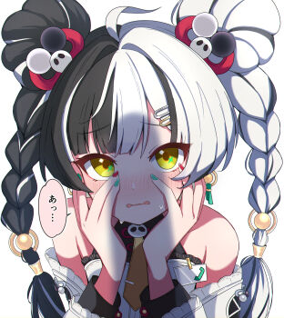 1girl ahoge bare_shoulders black_hair blunt_bangs blush braid commentary_request dialyn_(zenless_zone_zero) double_bun hair_bun hair_inntakes hands_on_own_face highres long_sleeves looking_at_viewer multicolored_hair nose_blush open_mouth penis_shadow sasanekomaru shirt simple_background solo speech_bubble split-color_hair sweat translation_request twin_braids two-tone_hair upper_body white_background white_hair white_shirt yellow_eyes zenless_zone_zero