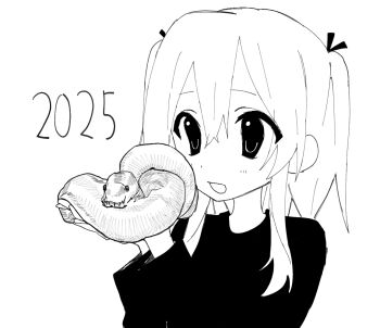1girl 2025 animal aoki_mizu chinese_zodiac greyscale holding holding_animal holding_snake light_blush long_sleeves looking_at_viewer medium_hair monochrome open_mouth original python shirt simple_background smile snake solo two_side_up upper_body year_of_the_snake