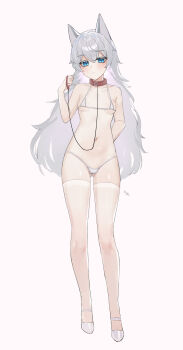 1girl animal_ears arm_behind_back artist_name bikini blue_eyes breasts cameltoe closed_mouth collar collarbone frown full_body gluteal_fold grey_hair hair_between_eyes high_heels highres holding holding_own_leash holding_paper little_nine long_hair looking_at_viewer micro_bikini navel original paper pumps shiny_skin simple_background slit_pupils small_breasts solo stomach swimsuit thighhighs very_long_hair white_background white_bikini white_footwear white_thighhighs wolf wolf_girl