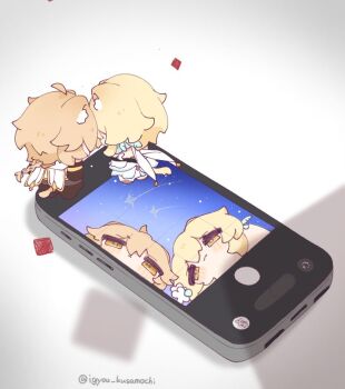 1boy 1girl aether_(genshin_impact) ahoge artist_name bare_back bare_shoulders blonde_hair blue_sky blush boots braid brother_and_sister brown_boots brown_gloves brown_pants brown_shirt cellphone chibi chibi_only closed_mouth commentary detached_sleeves dress feather_hair_ornament feathers figures_taking_selfie_(meme) flower from_behind full_body genshin_impact gloves hair_between_eyes hair_flower hair_ornament hair_ribbon half-closed_eyes igyou_kusamochi long_hair long_sleeves looking_down low-braided_long_hair low-tied_long_hair lumine_(genshin_impact) meme night pants phone ribbon scarf shadow shirt shooting_star short_hair short_sleeves siblings sidelocks single_braid sitting sky sleeveless sleeveless_dress smartphone smile star_(sky) starry_sky symbol-only_commentary white_boots white_dress white_flower white_ribbon white_scarf white_sleeves yellow_eyes