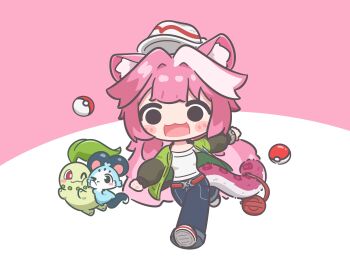&gt;_o 1girl :3 absurdres alternate_costume animal_ears bag belt blush_stickers bracelet chattino_(raora_panthera) cheek-to-cheek chikorita commentary english_commentary gen_2_pokemon hair_intakes hat heads_together highres hololive hololive_english jewelry mpien multicolored_hair nintendo one_eye_closed open_mouth panther_ears panther_girl panther_tail pink_hair poke_ball pokemon pokemon_legends:_z-a raora_panthera red_eyes smile solo streaked_hair tail virtual_youtuber white_hair