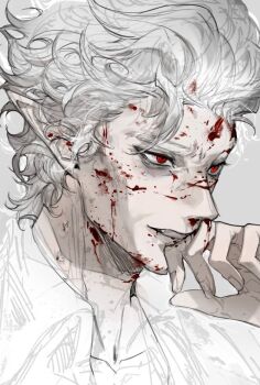 1boy arm_up astarion atmt666 baldur&#039;s_gate baldur&#039;s_gate_3 blood blood_on_face collarbone collared_shirt dungeons_&amp;_dragons dungeons_&amp;_dragons fang grey_background male_focus nosebleed portrait red_eyes shirt short_hair solo unfinished wavy_hair white_hair wiping_nose