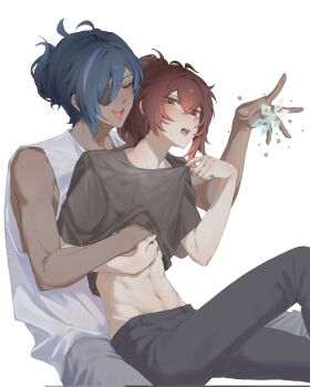 2boys abs arm_up black_pants black_shirt closed_eyes clothes_lift commentary cryokinesis dark-skinned_male dark_skin diluc_(genshin_impact) double-parted_bangs eyepatch feet_out_of_frame genshin_impact grey_pants groin hashtag-only_commentary highres kaeya_(genshin_impact) male_focus multiple_boys navel one_eye_covered open_mouth pants red_eyes shirt shirt_lift short_sleeves simple_background tank_top teeth toned toned_male tongue upper_teeth_only white_background white_tank_top yaoi zehuij