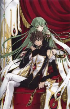 00s 1boy 1girl c.c. clamp code_geass couple green_hair hetero hug hug_from_behind kururugi_suzaku scan