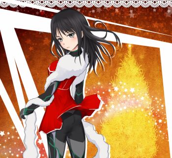 1girl ass black_hair bodysuit bodysuit_under_clothes breasts christmas christmas_tree closed_mouth commentary_request dress feet_out_of_frame from_behind fur_trim grey_bodysuit grey_eyes hair_between_eyes light_blush long_hair looking_at_viewer medium_breasts orange_background pilot_suit red_dress santa_costume santa_dress shin_(highest1192) shoutaura_sequenzia solo sozaiyamimi standing star_(symbol) star_symbol_background toaru_majutsu_no_index toaru_majutsu_no_index:_endymion_no_kiseki v-shaped_eyebrows