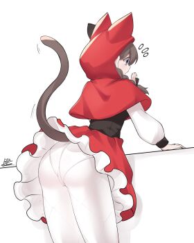 1girl animal_ears animal_hood ass black_bow black_bowtie black_hair blue_eyes bow bowtie braid cat_tail commission fake_animal_ears highres hood leaning_on_object minya_(nyanko_daisensou) nyanko_daisensou panties pantyhose pantyshot rak_rak_yee red_hood signature simple_background solo surprised tail underwear white_background white_panties white_pantyhose