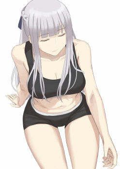 1girl ak-12_(girls&#039;_frontline) asakiri_koko bare_shoulders black_bra black_shorts blunt_bangs bra braid breasts cleavage closed_eyes girls&#039;_frontline grey_hair highres large_breasts long_hair navel shorts sitting solo sports_bra underwear