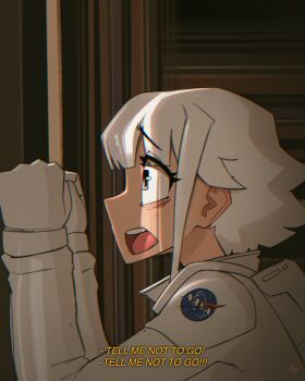 1girl astronaut clenched_hands commentary english_commentary english_text from_side grawlix_(shibansfw) grey_hair hands_up highres interstellar_(movie) logo movie_reference nasa nasa_logo open_mouth original panicking raised_inner_eyebrows scene_reference shibansfw short_hair shouting sideways_mouth solo spacesuit upper_body