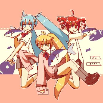 3girls ahoge akita_neru animal antenna_hair aqua_eyes aqua_hair blonde_hair brown_sweater chat_log closed_mouth clothes_around_waist commentary_request drill_hair fish hatsune_miku highres holding holding_animal holding_fish holding_phone kasane_teto long_hair looking_at_viewer midoxxrx multiple_girls outstretched_arm outstretched_hand phone pixel_art red_eyes red_hair school_uniform shirt side_ponytail smile sweater sweater_around_waist triple_baka_(vocaloid) triple_ryuunen twin_drills twintails utau vocaloid white_shirt yellow_eyes