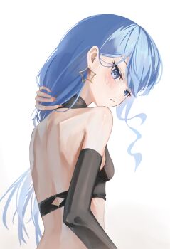 1girl absurdres backboob black_bra black_sleeves blue_eyes blue_hair bra breasts detached_sleeves from_behind hair_down highres hololive hoshimachi_suisei long_hair looking_at_viewer looking_back maymea orange_nails shoulder_blades simple_background small_breasts solo underwear upper_body very_long_hair virtual_youtuber white_background