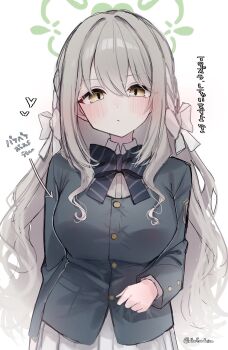 Rule 34 | 1girl, arms at sides, blue archive, blue bow, blue bowtie, blue jacket, bow, bowtie, breasts, closed mouth, commentary request, diagonal-striped bow, diagonal-striped bowtie, diagonal-striped clothes, dot nose, double-parted bangs, green halo, grey hair, halo, highres, jacket, large breasts, layered sleeves, light blush, long hair, long sleeves, looking at viewer, miyo (blue archive), nibo shia, simple background, solo, standing, striped bow, striped bowtie, striped clothes, translation request, twitter username, upper body, very long hair, white background, yellow eyes