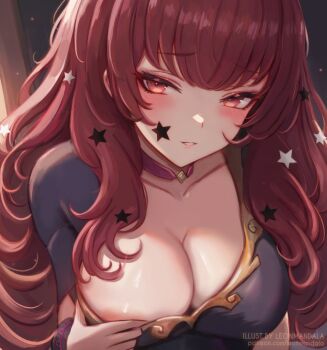 1girl areola_slip blush bodysuit breasts choker cleavage collarbone facial_mark fire_emblem fire_emblem_engage grabbing_another&#039;s_breast groping hair_ornament large_breasts leonmandala long_hair looking_at_viewer nintendo nipples parted_lips pink_choker purple_bodysuit red_eyes red_hair smile solo star_(symbol) star_facial_mark star_hair_ornament upper_body yunaka_(fire_emblem)