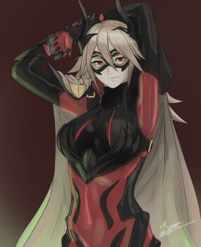 1girl armor arms_behind_head black_armor black_mask bone brown_background cape closed_mouth commentary domino_mask english_commentary eye_mask fire_emblem fire_emblem_heroes gauntlets grey_hair hair_between_eyes highres horned_mask horns long_hair lynarc mask masked nintendo pale_skin red_eyes see-through_body signature simple_background skeleton solo thrasir_(fire_emblem) very_long_hair white_cape