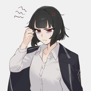 1girl addiction anger_vein bags_under_eyes black_coat black_hair black_nails bob_cut closed_mouth coat coat_on_shoulders collared_shirt hand_up highres lapels limbus_company long_sleeves nail_polish notched_lapels past_desiderium project_moon red_eyes ryoshu_(project_moon) shirt short_hair solo sweat white_shirt