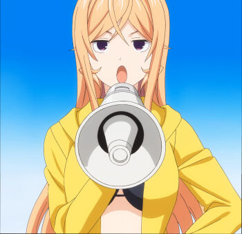 1girl anime_screenshot bikini black_bikini female_focus highres holding holding_megaphone jacket long_hair long_sleeves looking_at_viewer megaphone nakiri_erina open_mouth orange_hair purple_eyes shokugeki_no_souma solo stitched swimsuit third-party_edit upper_body very_long_hair yellow_jacket