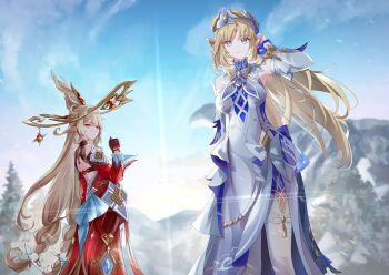 2girls adjusting_hair alice_(genshin_impact) bad_id bad_twitter_id blonde_hair blue_sky braid commentary_request detached_sleeves dress facial_mark forehead_mark genshin_impact gloves hat highres long_hair looking_at_viewer low-braided_long_hair low-tied_long_hair low_twin_braids mon-chan morning mountainous_horizon multiple_girls new_year nicole_reeyn pointy_ears red_dress red_eyes red_sleeves sky smile sunrise tree twin_braids very_long_hair white_dress white_hat white_sleeves