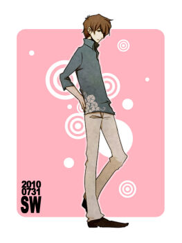 Rule 34 | 1boy, blue shirt, brown hair, circle, collared shirt, commentary request, dated, floral print shirt, full body, hair over one eye, hand on own hip, jinnouchi wabisuke, male focus, none (sasai rinko), pants, pink background, shirt, shoes, short hair, solo, summer wars, white background