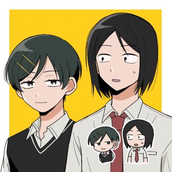 1boy 1girl ame_(ameno_ko) black_eyes black_hair black_sweater_vest breast_pocket closed_mouth collared_shirt cousins dress_shirt futsuu_no_keion-bu hair_ornament hairclip hairpin kouyama_rin looking_at_another multiple_views necktie parallel_hairclips parted_bangs pixie_cut pocket red_necktie school_uniform shirt short_hair small_sweatdrop sweater_vest taguchi_ryuuya upper_body white_shirt yellow_background