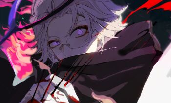 1boy aotsuki_eito black_cloak black_halo blood_on_gloves cloak eyeliner fire glasses gloves grey_hair halo hashtag-only_commentary highres impaled kukirpg_457 last_defense_academy_school_uniform looking_at_viewer makeup male_focus official_alternate_hairstyle pink_fire portrait purple_eyes red_eyeliner school_uniform self-harm short_hair solo spikes spoilers the_hundred_line_-last_defense_academy- uneven_eyes