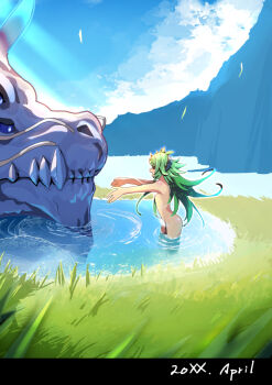 1girl blue_sky churin_(duel_masters) cloud cloudy_sky commentary_request convenient_censoring dentosaginuma dragon duel_masters duel_masters_play&#039;s green_hair hairband light_censor long_hair nature no_eyes nude open_mouth outdoors outstretched_arms profile river shaded_face sky wading