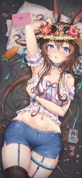 1girl absurdres amiya_(arknights) animal_ears arknights arm_up armpits bare_shoulders black_thighhighs blue_eyes blue_shorts bracelet breasts brown_hair camisole carrot catxuan chinese_commentary cleavage collarbone commentary_request detached_sleeves drooling flower garter_straps gluteal_fold hair_between_eyes has_bad_revision has_downscaled_revision hat hat_flower heart heart-shaped_pupils highres jewelry letter looking_at_viewer md5_mismatch medium_breasts midriff navel neck_ring parted_lips petals puffy_short_sleeves puffy_sleeves rabbit_ears red_flower resolution_mismatch saliva short_shorts short_sleeves shorts solo source_smaller spaghetti_strap stomach striped_clothes sun_hat sunglasses symbol-shaped_pupils thigh_gap thighhighs thighlet thighs vertical-striped_clothes