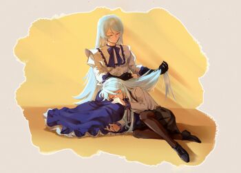 2girls beatrice_frega black_gloves black_pantyhose black_shoes black_skirt blue_hair brushing_hair closed_eyes comb commentary dress english_commentary frilled_dress frills gloves highres long_dress long_hair long_sleeves miriam_frega multiple_girls pantyhose quietmithos shoes siblings sisters skirt sleeping sleeping_on_person tyrion_cuthbert:_attorney_of_the_arcane