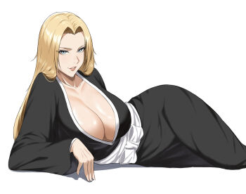 1girl black_kimono bleach blonde_hair blue_eyes breasts collarbone female_focus japanese_clothes kimono large_breasts long_hair lying matsumoto_rangiku mole mole_under_mouth on_side parted_lips ponponpon0022 shihakusho simple_background strawberry_blonde white_background