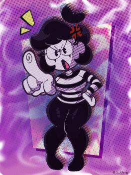 Rule 34 | 1girl, 2025, anger vein, angry, artist name, black hair, black pants, breasts, colored skin, commentary, english commentary, full body, gloves, hand on own hip, highres, imrachets, long sleeves, mime, mute, mute the mime (imrachets), open mouth, original, pac-man eyes, pants, shirt, solo, striped clothes, striped shirt, toon (style), white gloves, white skin
