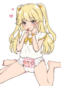 barefoot blonde_hair blue_eyes blush bow brcl7777 candy closed_mouth commentary_request diaper dot_nose food fujisawa_yuzu full_body hand_on_own_face hands_up heart holding holding_candy holding_food holding_lollipop loli lollipop long_hair no_pants ongeki print_diaper shirt shirt_bow simple_background sitting sleeveless sleeveless_shirt smile spread_legs two_side_up variant_set wariza white_background white_shirt yellow_bow
