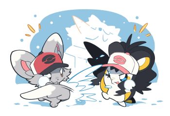 1boy 1girl ^^^ animal_ears animalization baseball_cap blue_eyes brown_eyes closed_mouth dot_nose emolga flying_squirrel gen_5_pokemon grey_fur hat highres hilbert_(pokemon) hilda_(pokemon) holding holding_snowball markings_on_cheeks mieaowu minccino nintendo no_humans one_eye_closed open_mouth playing pokemon pokemon_(creature) pokemon_bw pokemon_focus ponytail snow snowball snowball_fight snowing squirrel tail_whip two-tone_fur v-shaped_eyes white_fur