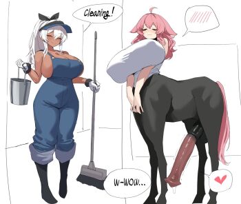 1futa 1girl animal_penis breasts broom bucket centaur centauress cleavage closed_eyes cum dark-skinned_female dark_skin english_text erection futanari heart holding holding_broom holding_bucket horse horse_penis huge_breasts huge_penis light_blush medium_hair monochrome_background monster_girl penis ponytail precum red_eyes smile source_request speech_bubble spoken_blush spoken_heart standing taur testicles uncensored visor_cap white_background white_hair xipa