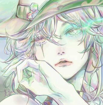 Rule 34 | 1girl, absurdres, argus (reverse:1999), artist name, blonde hair, brown hat, commentary request, cowboy hat, emu (bleudoux r), fire, flaming eye, green eyes, green fire, hand up, hat, heterochromia, highres, long hair, looking at viewer, parted lips, portrait, reverse:1999, scar, scar across eye, scar on face, signature, solo, yellow eyes