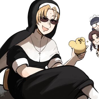 3girls animal baby_animal bird black_dress black_hair black_lagoon blonde_hair blush_stickers braid brown_hair closed_mouth coif commentary commission cross cross_necklace crossed_legs diva_(hyxpk) dress duck duckling eda_(black_lagoon) english_commentary glasses highres holding holding_animal jewelry looking_at_viewer maid_headdress multiple_girls necklace nun opaque_glasses open_mouth raised_eyebrow revy_(black_lagoon) roberta_(black_lagoon) round_eyewear short_sleeves simple_background sitting smile solo_focus sunglasses white_background