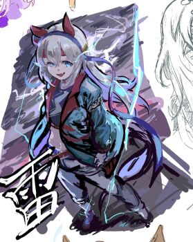 1girl animal_ears blue_eyes blue_hairband blue_jacket blue_sports_bra crop_top ear_covers electricity eye_trail fang fingerless_gloves gloves grey_hair grey_tail hair_between_eyes hairband headband horse_ears horse_girl horse_tail inishie_kumo jacket light_trail lightning_bolt_print lightning_bolt_symbol long_hair long_sleeves midriff navel open_mouth pants red_headband skin_fang smile solo sports_bra striped_clothes striped_hairband tail tamamo_cross_(umamusume) tamamo_cross_(with_lightning_speed)_(umamusume) umamusume very_long_hair white_pants